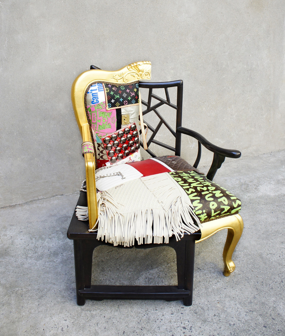 Danful Yang,  Fake One, 2009.  Replica bags and fabric upholstery with Elmwood frame