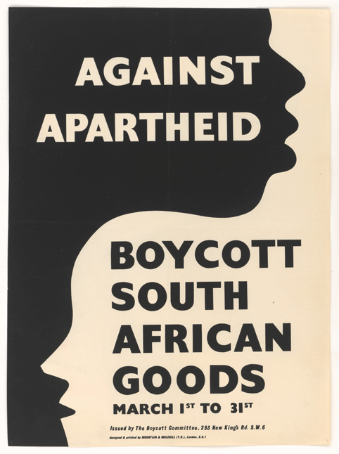 Against Apartheid. Boycott South African Goods, Mountain and Molehill, for The Boycott Committee, 1960