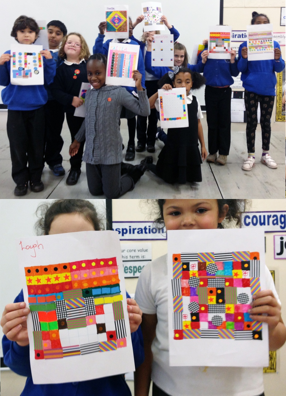 Children of Glenfrome Primary School, Eastville, showcasing their patterns for the Wonder Pavilion