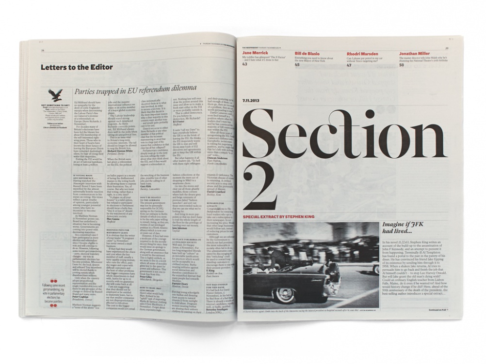 Spread for the Independent, featuring type by Henrik Kubel