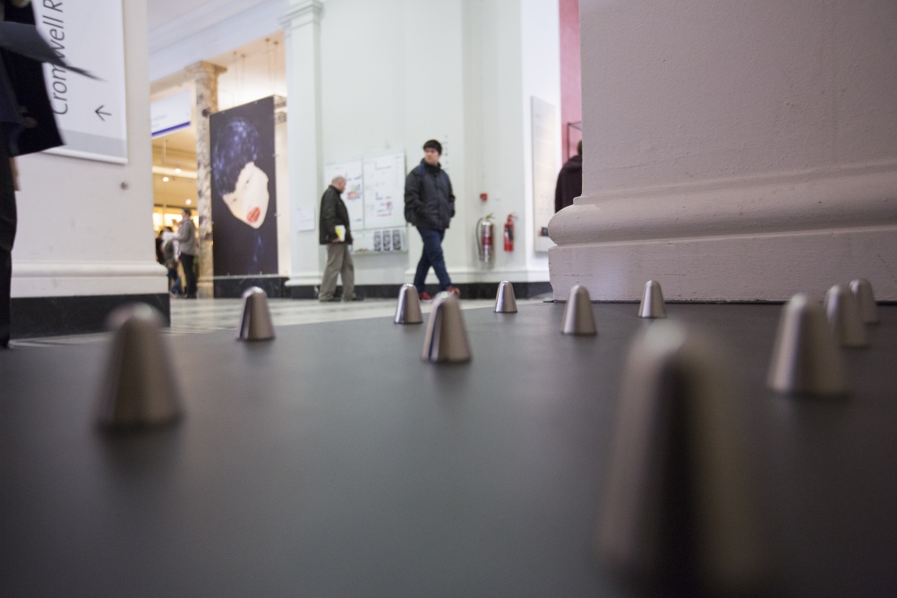 Spike studs by Kent Stainless that are intended  to discourage people from sitting or sleeping  in various spaces in the city © Peter Kelleher/Victoria & Albert Museum, London 2015