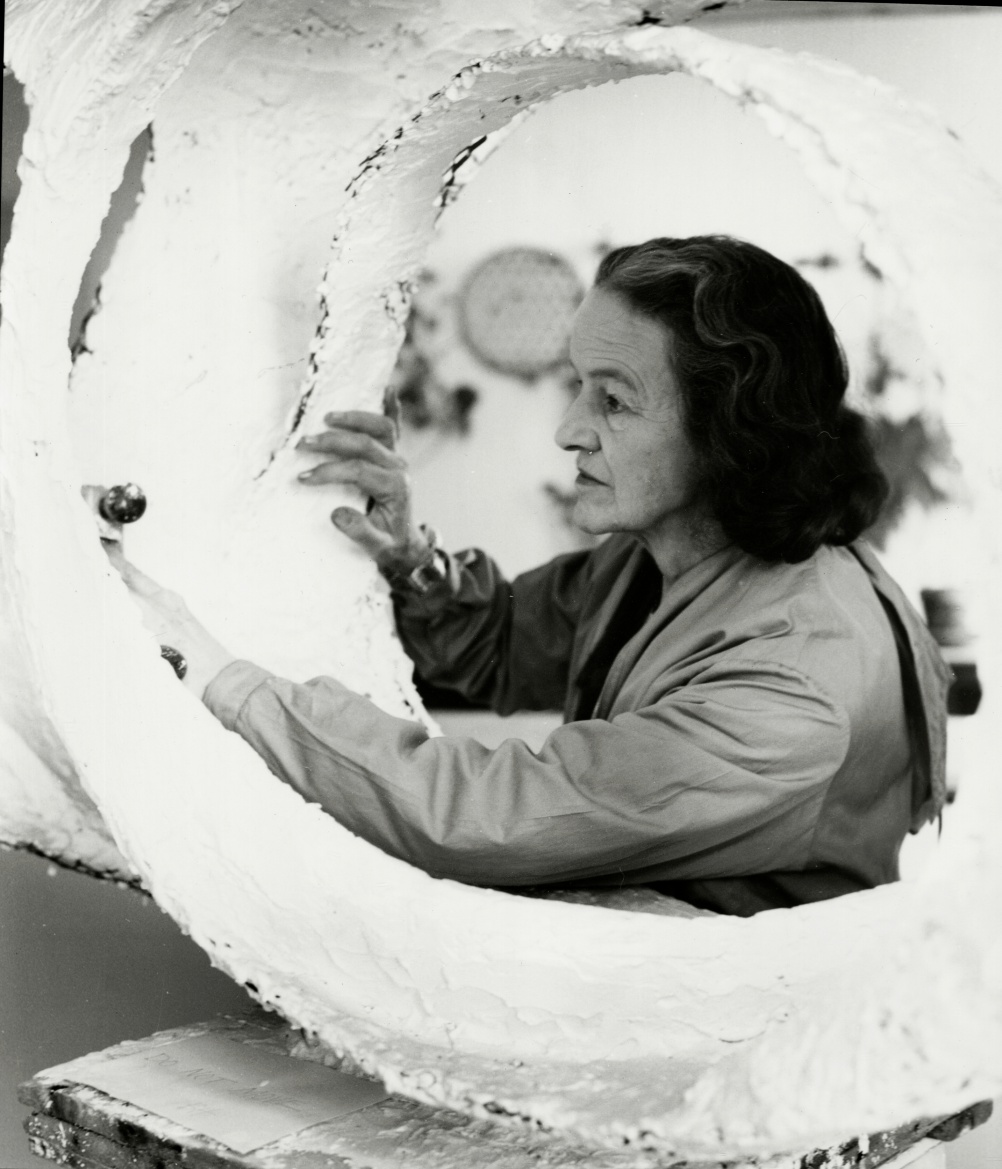 Barbara Hepworth working on Oval Form, Trezion, 1963, Photograph by Val Wilmer, Courtesy Bowness, Hepworth Estate