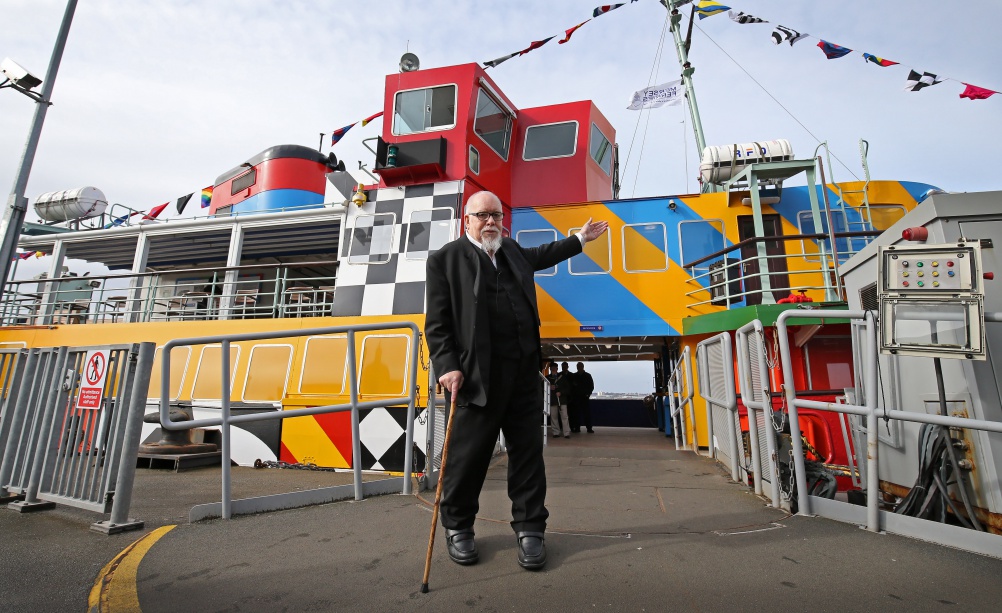 Sir Peter Blake stood outside his Everybody Razzle Dazzle ferry.