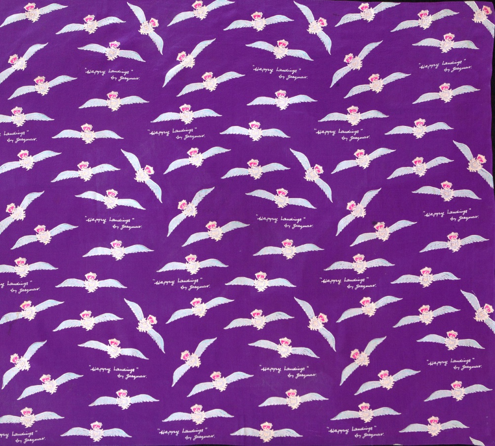 Happy Landings, scarf, designed by Arnold Lever for Jacqmar, silk, 1940s,Courtesy Paul and Karen Rennie Collection, Folkestone