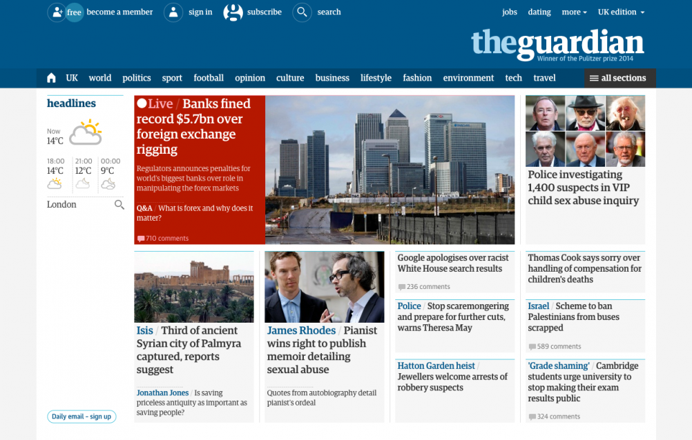 The redesigned Guardian website