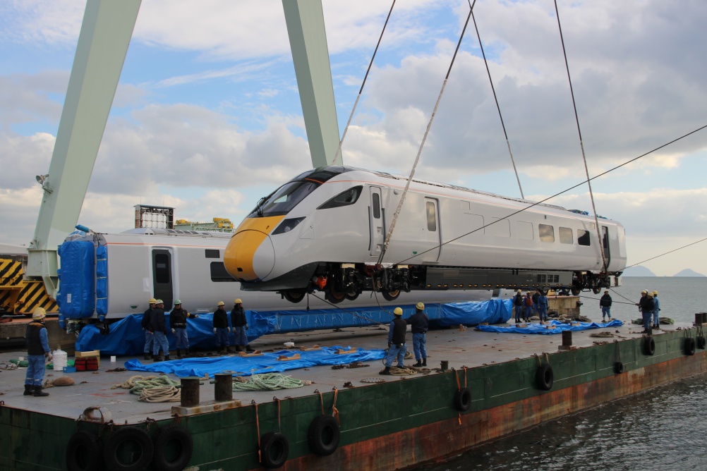 A Class 800 train is shipped from Japan for testing