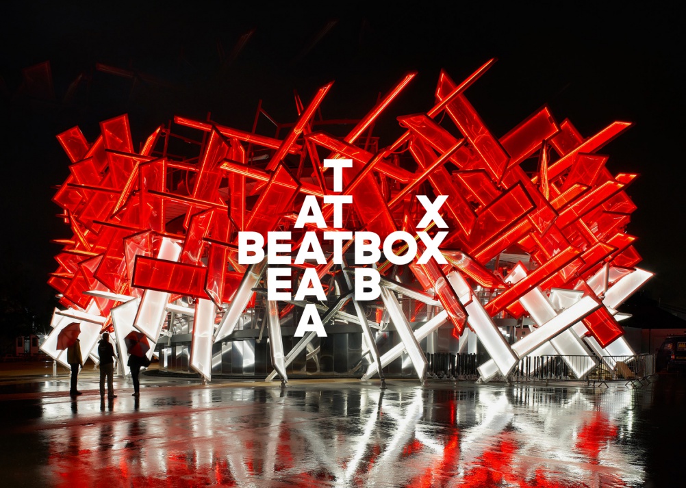 Identity, signage system and bespoke typeface for Asif Khan & Pernilla Ohrstedt’s CocaCola’s BEATBOX pavilion at the London 2012 Olympics. Photo: Hufton & Crowe.