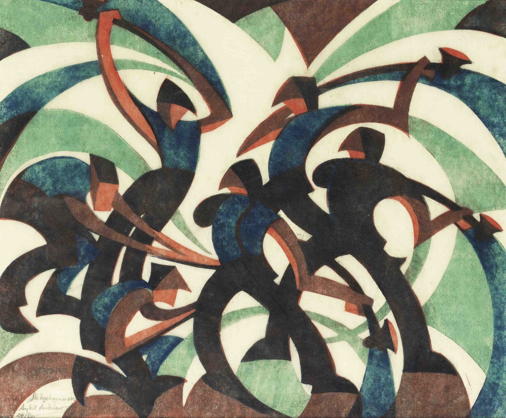 Sledgehammers by Sybil Andrews, 1933 - linocut - 20.2 x 22.8 cm. Image Courtesy of Osborne Samuel