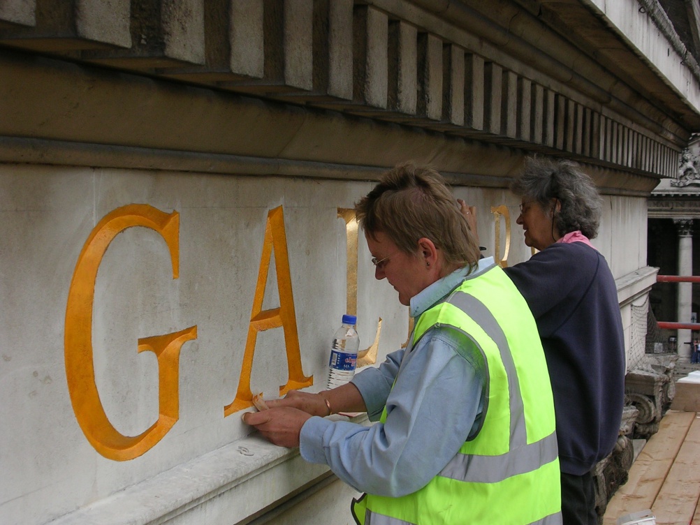 Brenda Berman and Annet Stirling gilding the National Gallery