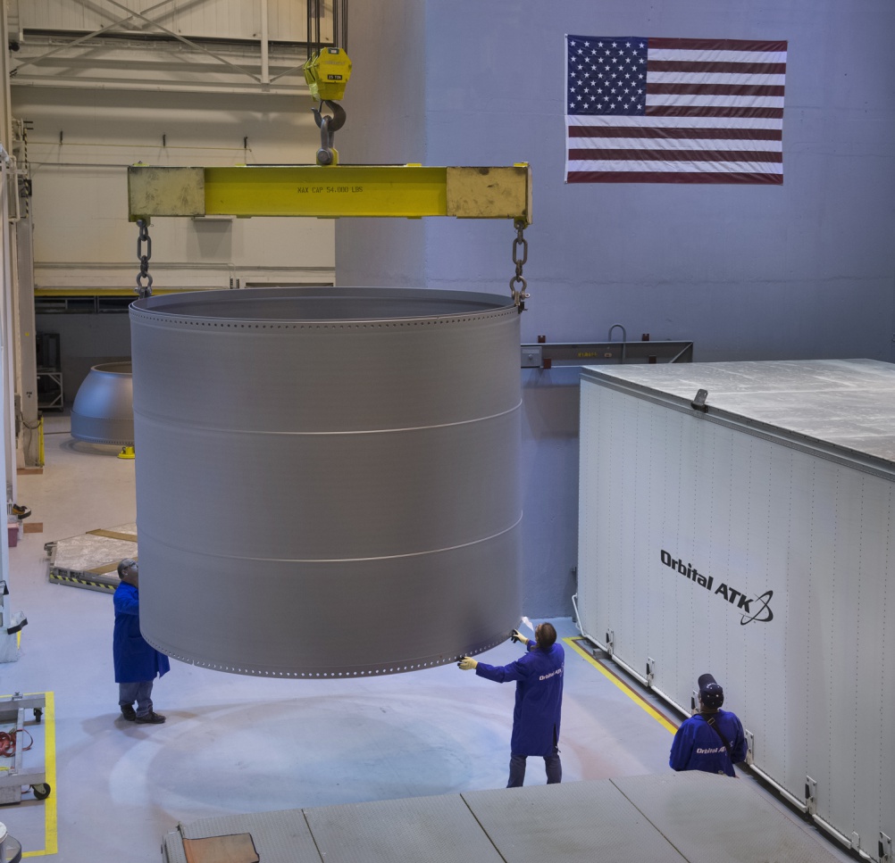 Technicians at Orbital ATK in Promontory, Utah, offload the aft stiffener that will be used on one of the two, five-segment solid rocket boosters for the first flight of the SLS