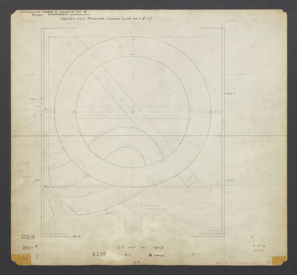 A 1929 Gill Sans production drawing shows how characters based on the same shape were prepared on the same sheet to maintain consistency