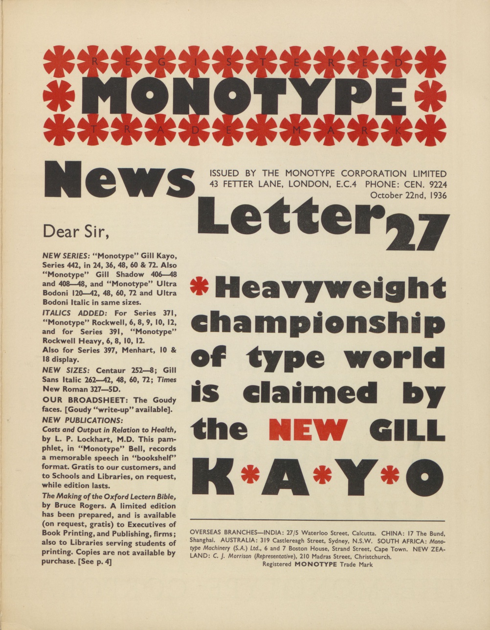 The release of Gill Kayo (UltraBold) in Monotype Newsletter No. 27 (1936) was certainly not understated