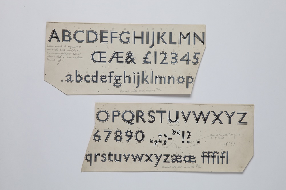 The widespread popularity of Gill Sans inspired many playful display styles, shown here with Gill’s notes and alterations