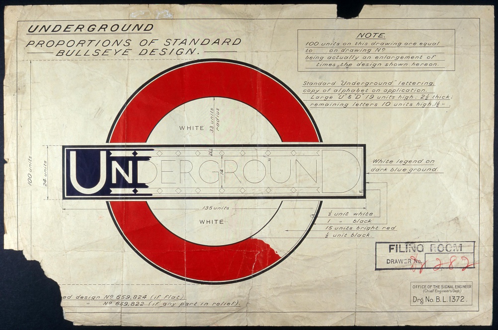 Drawing showing the standard layout of the registered design version of the Johnston Underground roundel, c1925