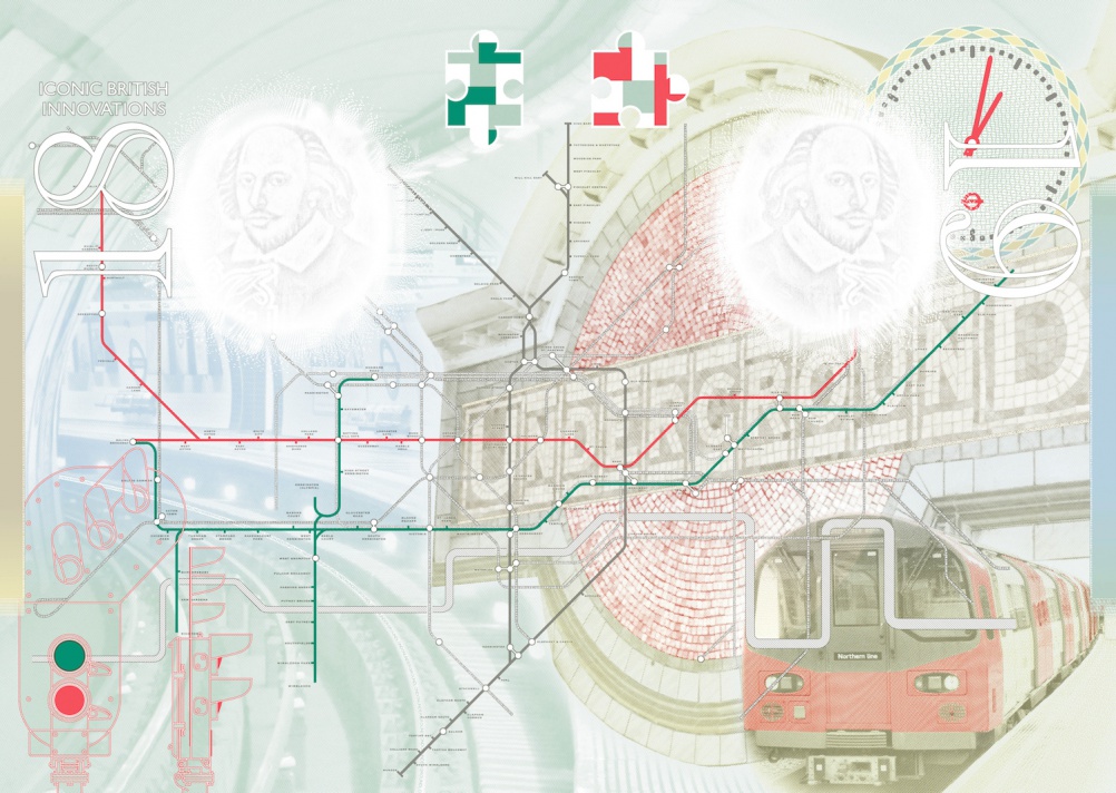 The London Underground: Waterloo Underground Station; mosaic of Underground roundel at Maida Vale; Harry Beck-designed Tube Map; a set of signals and a modern Tube train. 