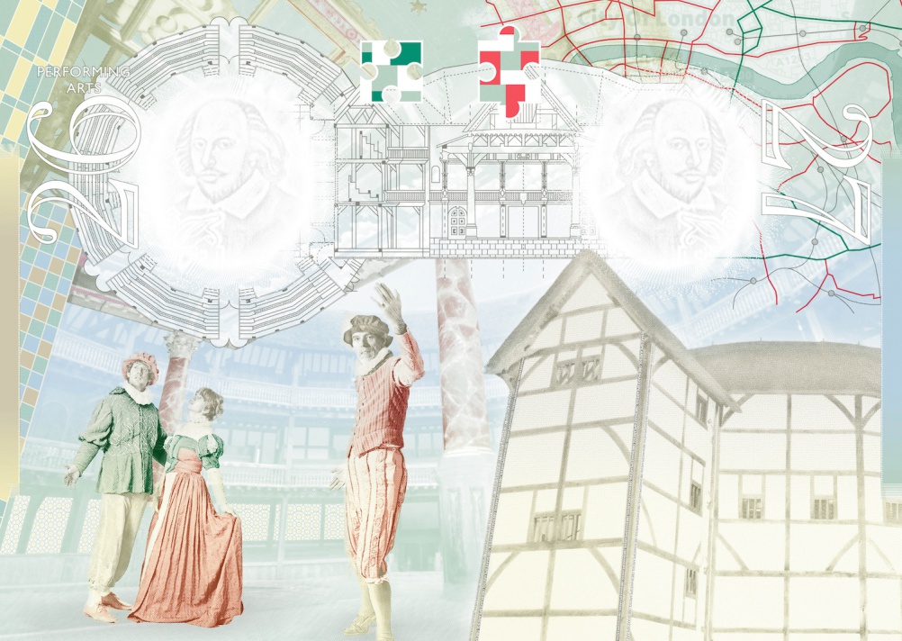 Shakespeare's Globe, it's interior, a play in progress, a map of the city of London, the theatre's exterior