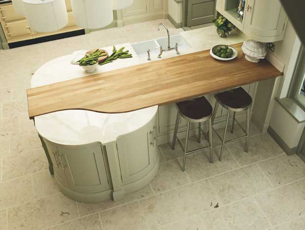 combination worktop with wood and marbled almond quartz