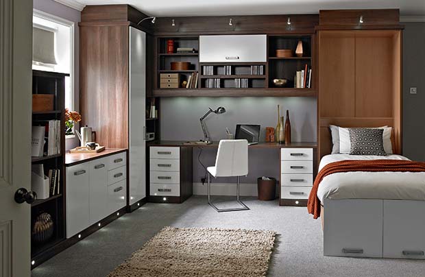 This home office designed by Betta Living has layered lighting