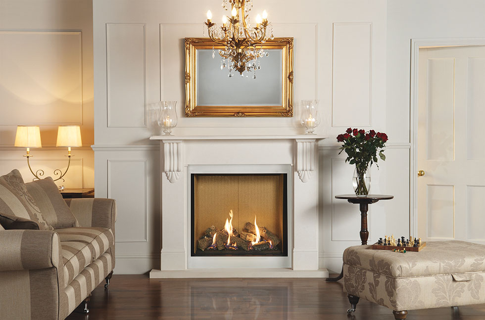 Riva 2 750HL with Fluted Vermiculite Lining In Victorian Corbel Limestone Mantel