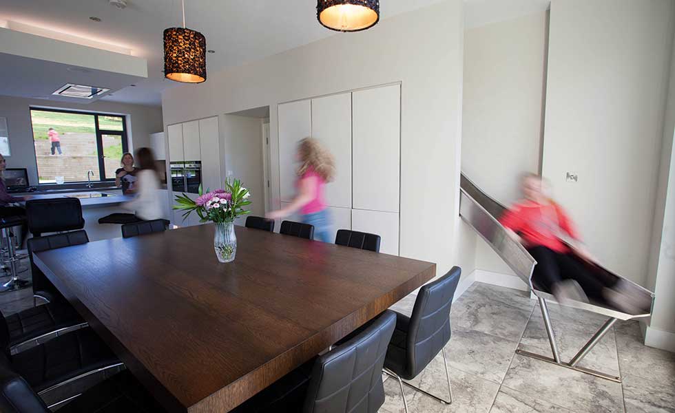 kitchen in a family home with a slide