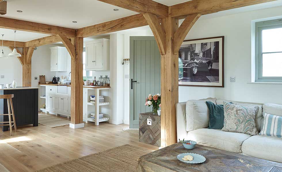 oak frame open plan kitchen
