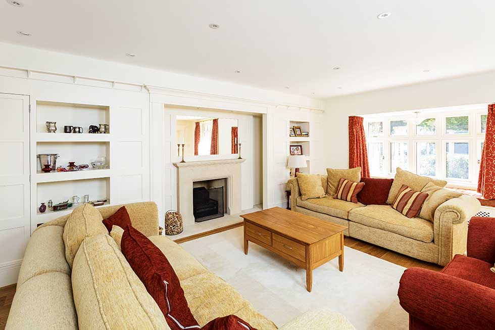 arts & crafts style self build house neutral living room