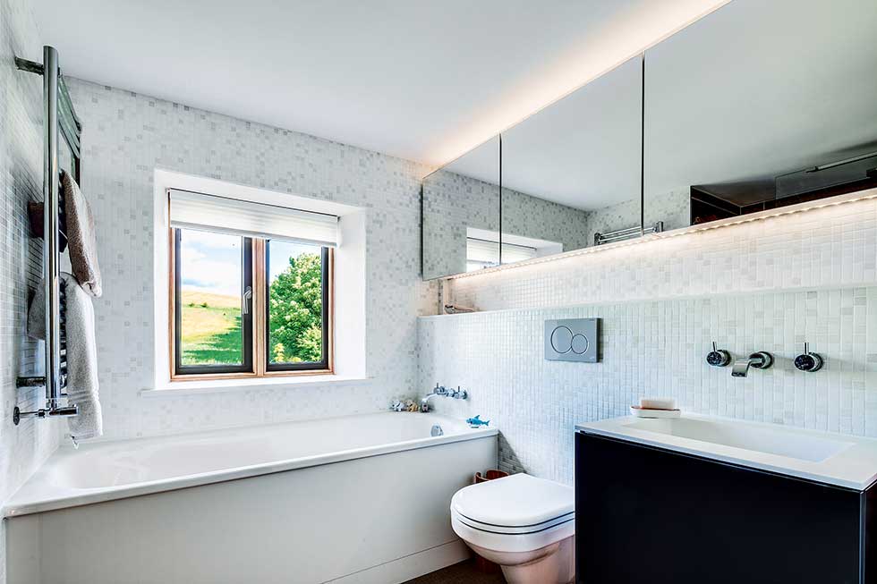 Old cottage extension monochrome bathroom black sink