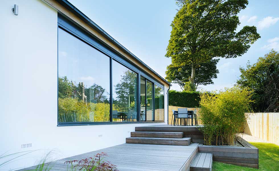 decked patio and glazed elevation of bungalow