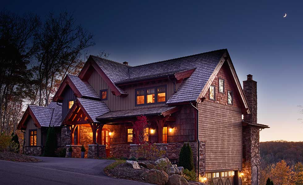 side shot of classic american style home in the evening