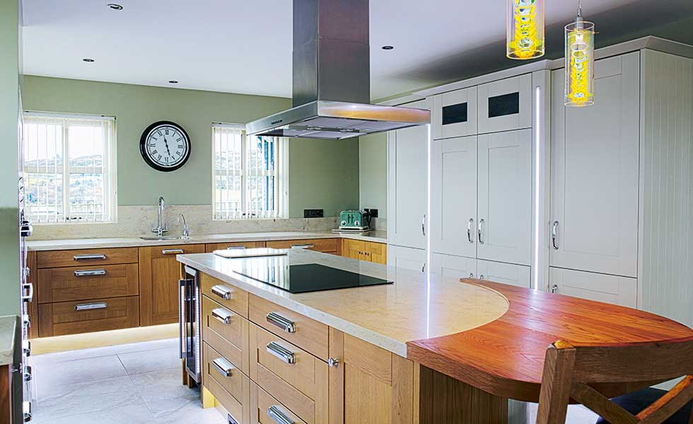 Second Nature kitchen with natural oak and almond painted cabinets