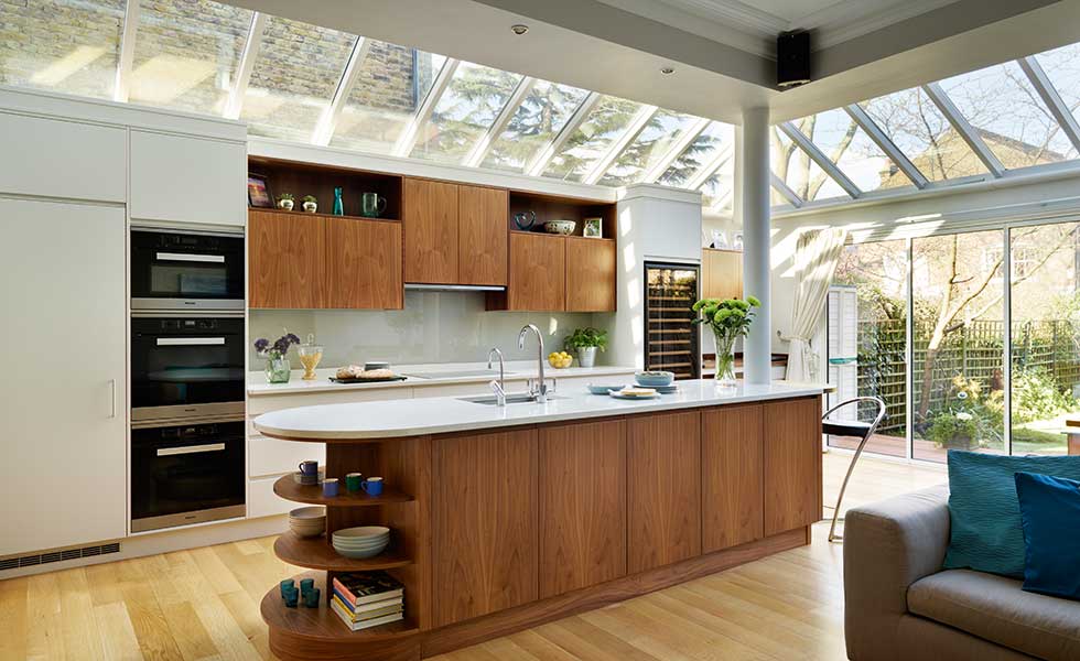 Woodstock kitchen diner with glazed roof extension and American black walnut units