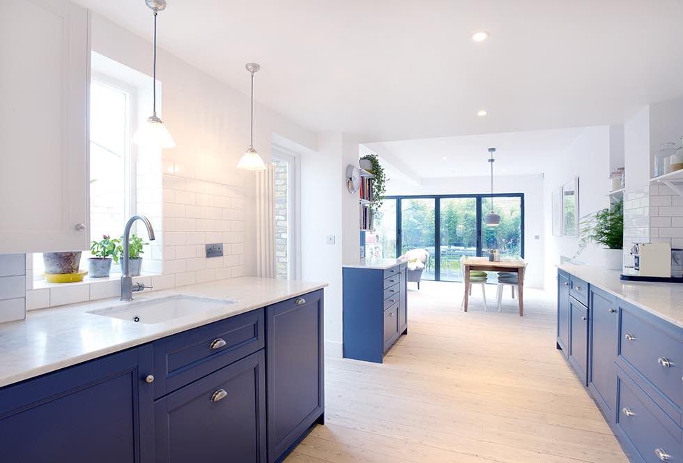 London flat extension blue open plan kitchen