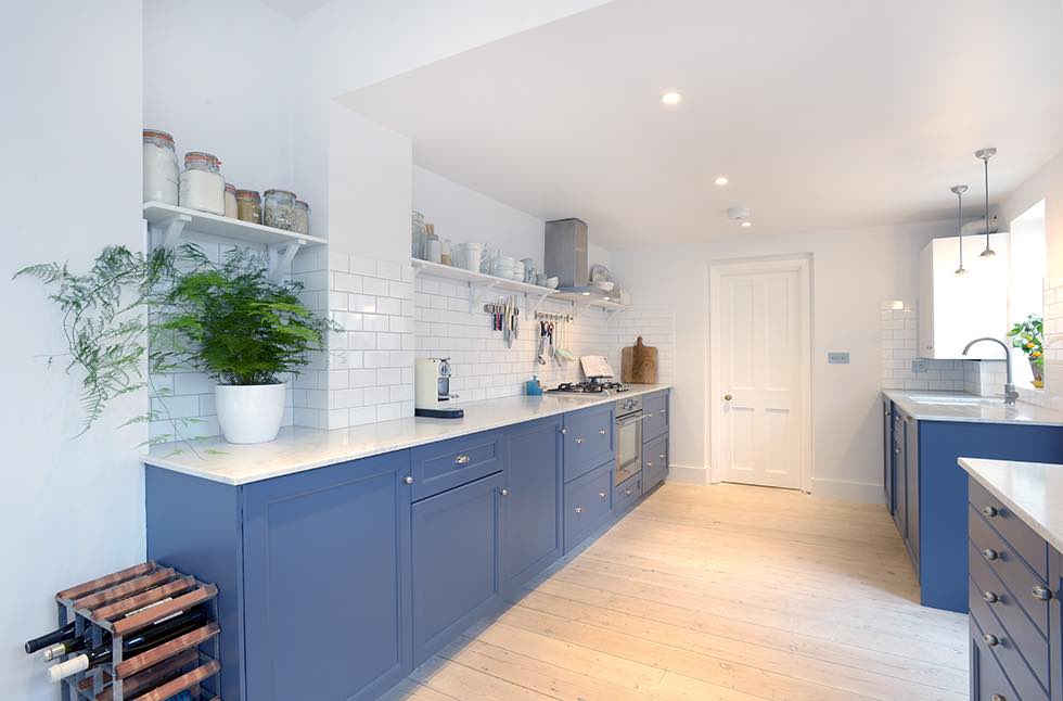 London flat extension blue kitchen units