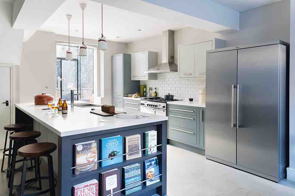 victorian terrace extension grey kitchen units metal fridge