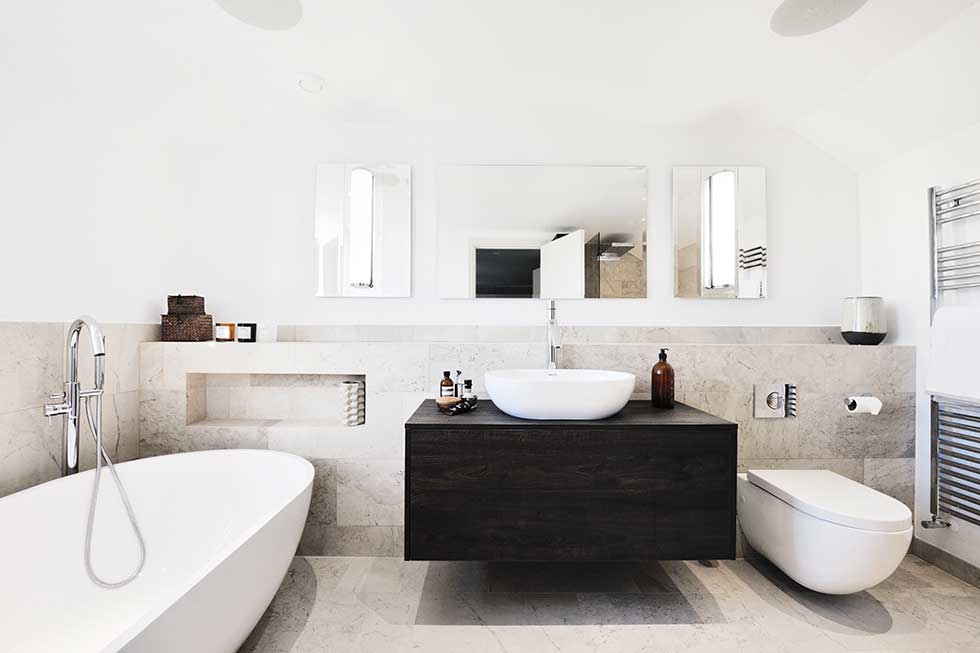 scandinavian style master bedroom en suite monochrome