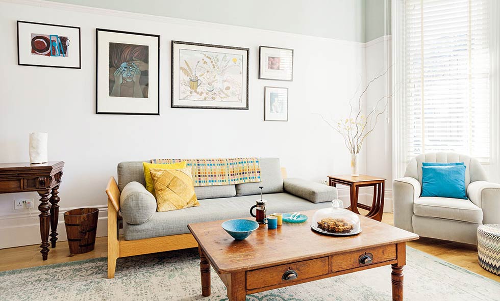 coastal style living room in a Victorian flat renovation