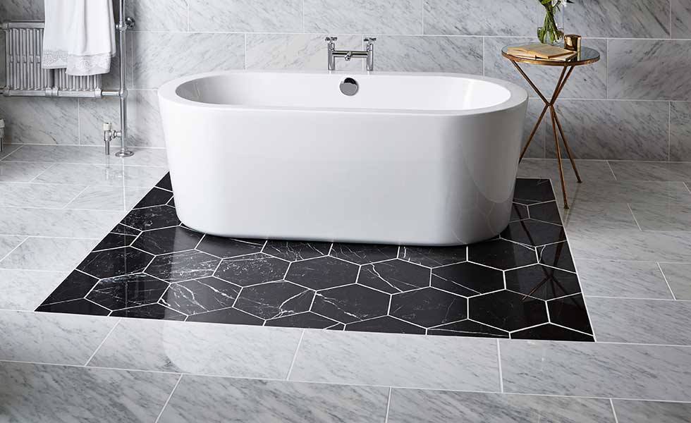 Carrara hexagonal slate and ocean silver titles
