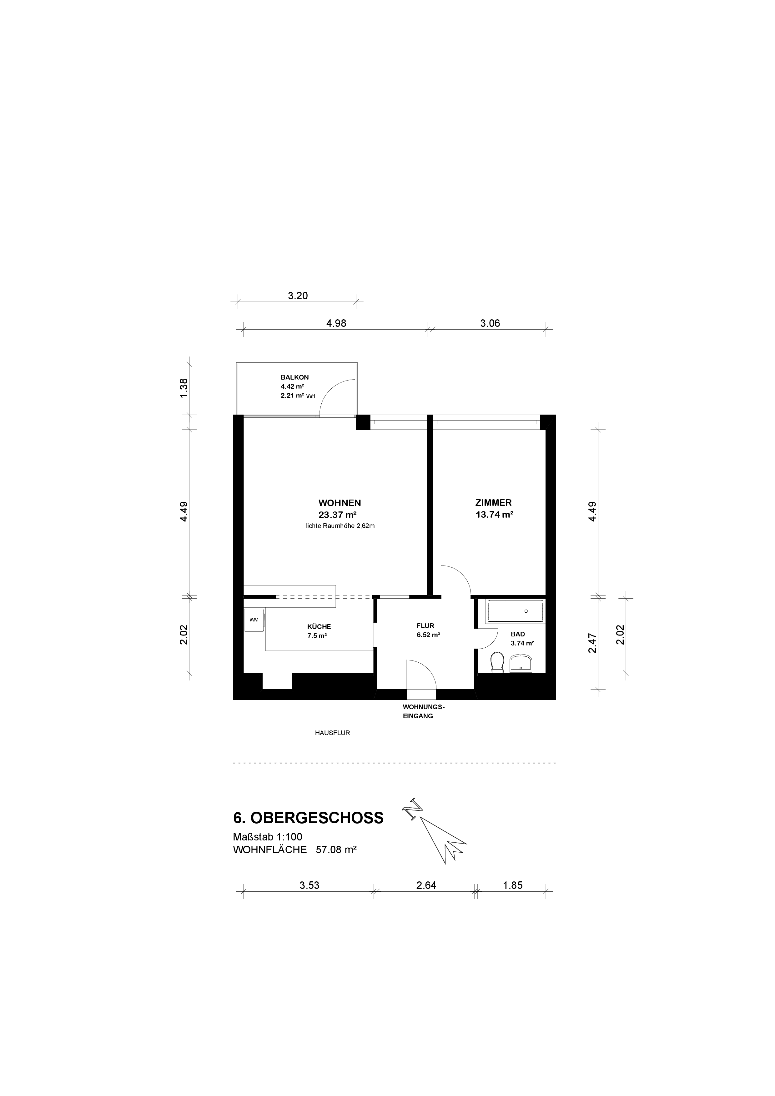 gut geschnittene 2-Zimmerwohnung mit Fahrstuhl — Grundriss 6OG