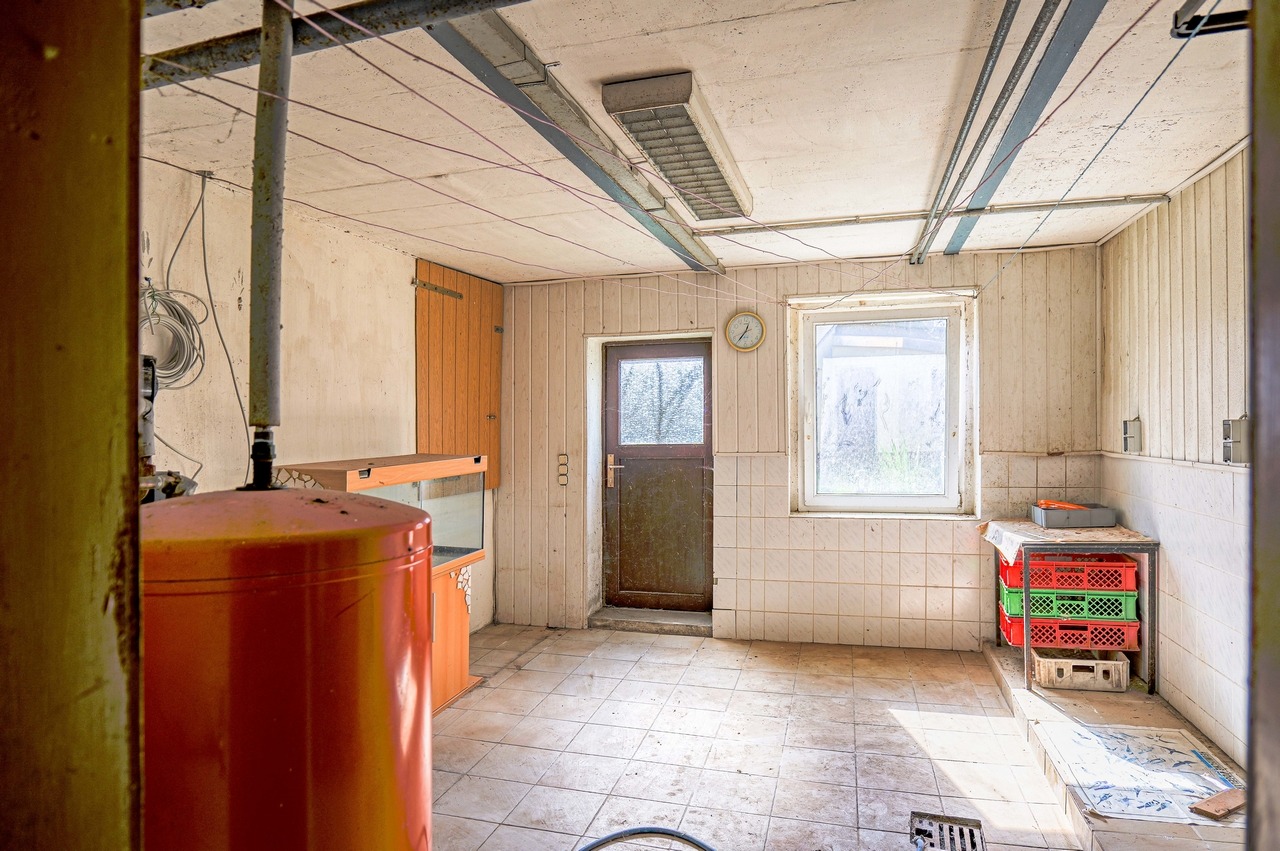 Bisheriges Waschhaus mit Heizung, Zugang zum Öllager (links von Tür) und zum Garten