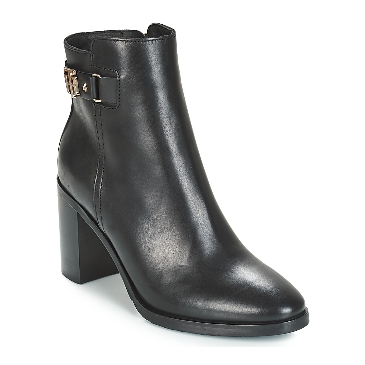 tommy hilfiger th buckle mid heel boot leather