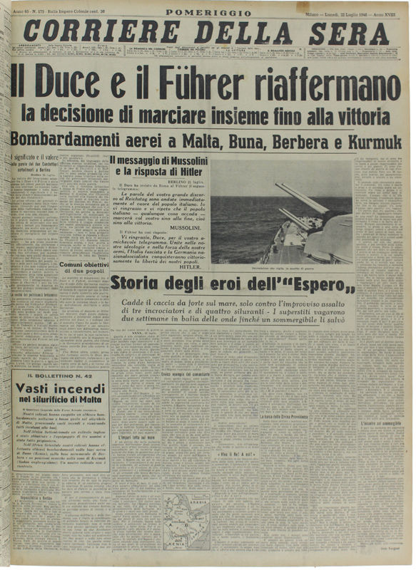 CORRIERE DELLA SERA. Dal 1 giugno al 31 luglio 1940. 1940 Bergoglio Libri d'Epoca CORRIERE DELLA SERA. Dal 1 giugno al 31 luglio 1940. 1940 Bergoglio Libri d'Epoca