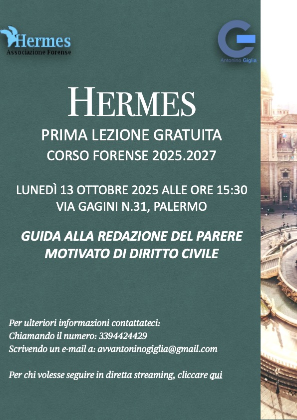 PRIMA LEZIONE CORSO ORDINARIO A NUMERO CHIUSO (MAX 20) DI PREPARAZIONE ALL'ESAME DI AVVOCATO 2025 - 2027