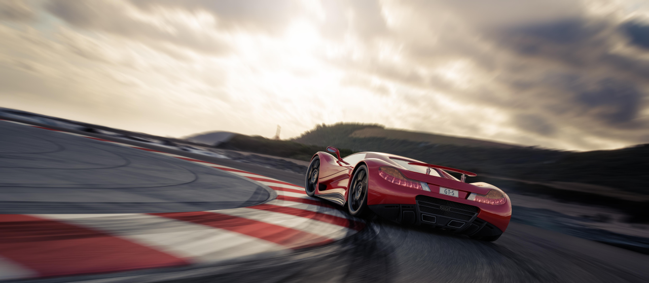 A modern red sports car on a racetrack. Unique and generic sports car design.  Designed and modelled entirely by myself. Very high resolution 3D render. All markings are ficticious.