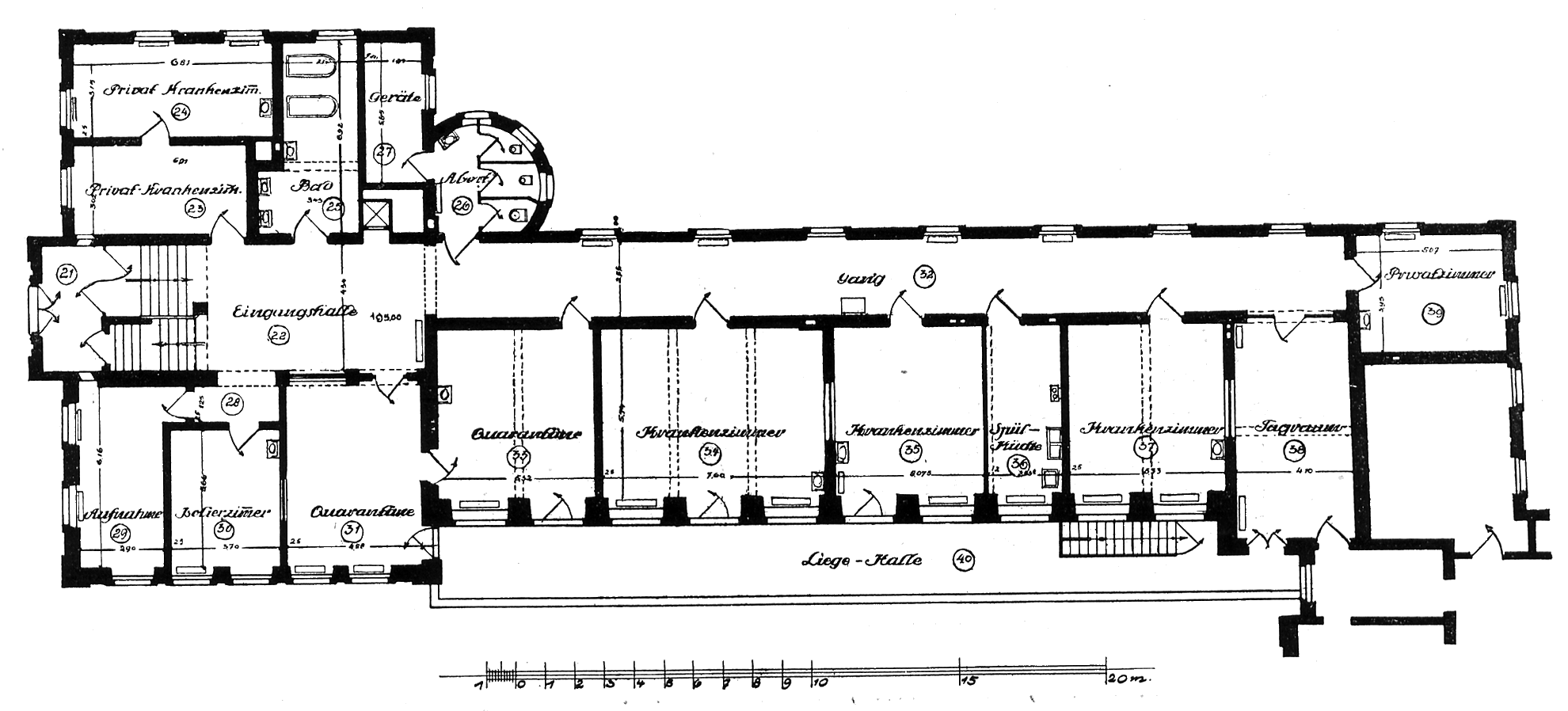 Historischer Grundriss der ersten Kinderklinik des Juliusspitals Würzburg mit Patientenzimmern, Untersuchungsräumen und langen Fluren.