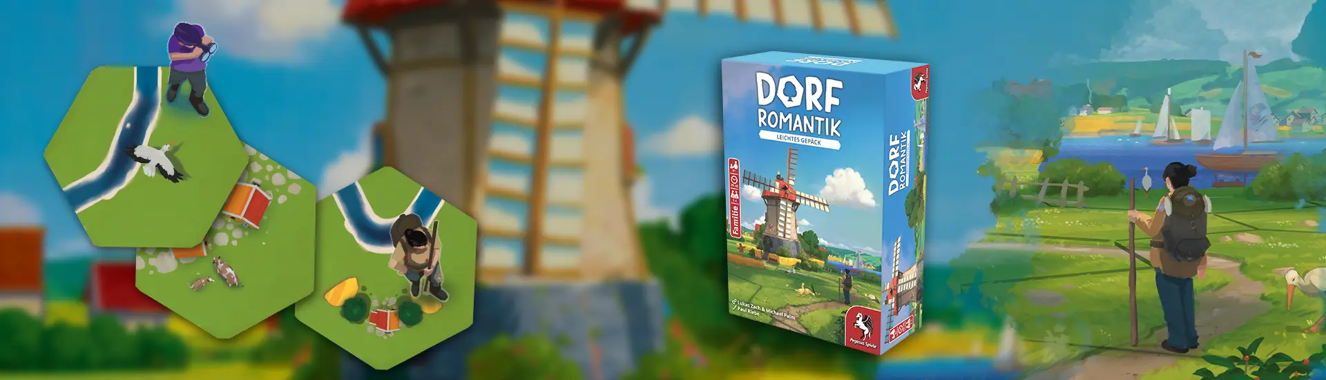 Produktbild und Illustrationen des Brettspiels Dorfromantik - Leichtes Gepäck