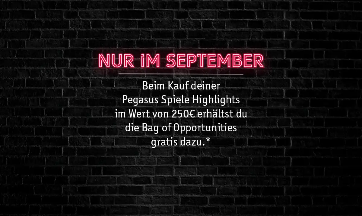 Rabattaktion im Pegasus Spiele Outlet-Store im September: Ab 250 € Einkauf von Pegasus Spiele Produkten gratis Bag of Opportunities