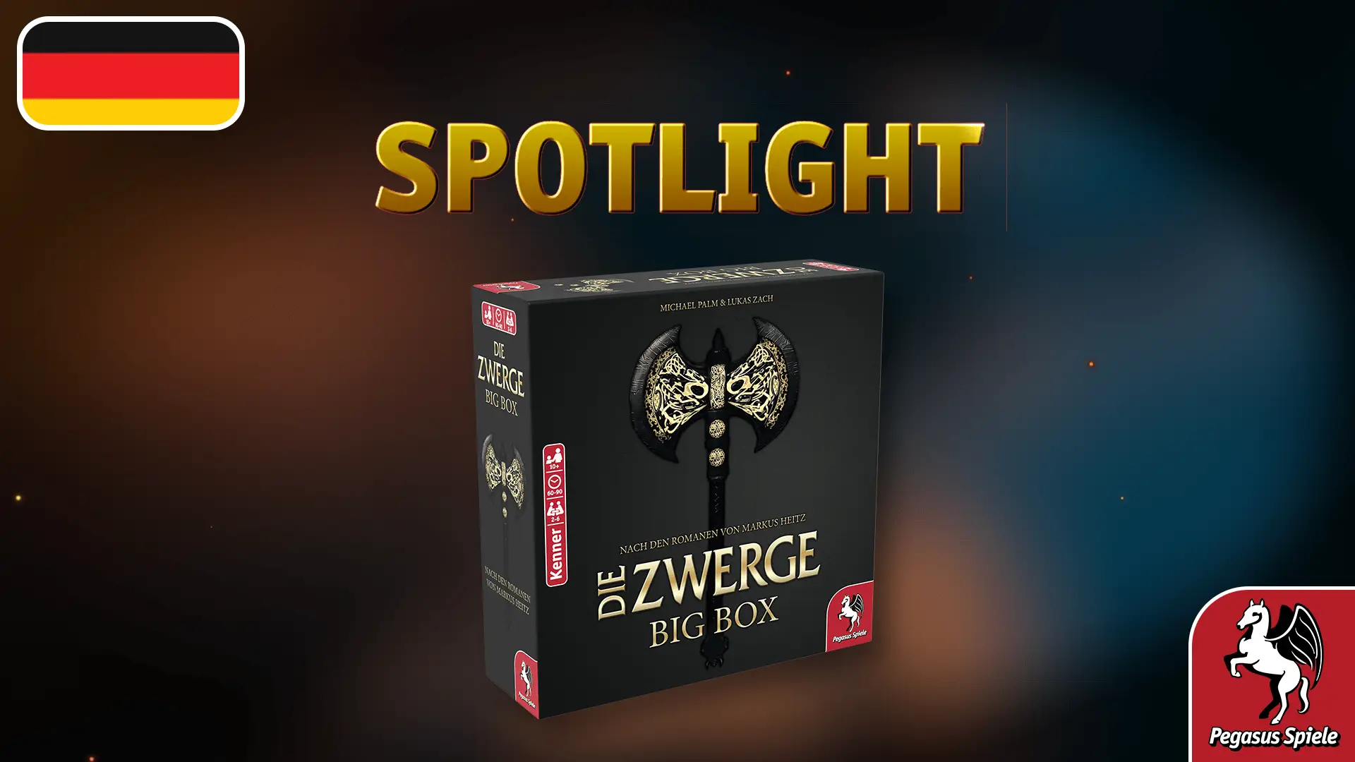 Spotlight; Produktschachtel des Brettspiel Die Zwerge Big Box; Deutschlandflagge