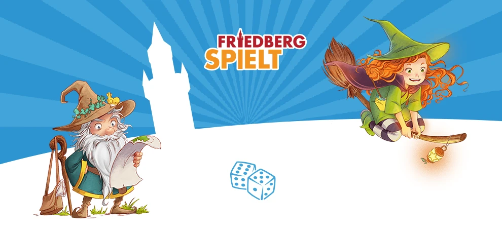 Friedberg spielt; blauer Hintergrund mit der Illustration einer Hexe auf einem Besen und eines Zauberers
