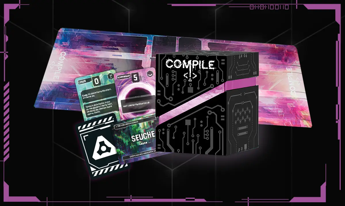 Illustrationen und Packshot des Kartenspiels Compile