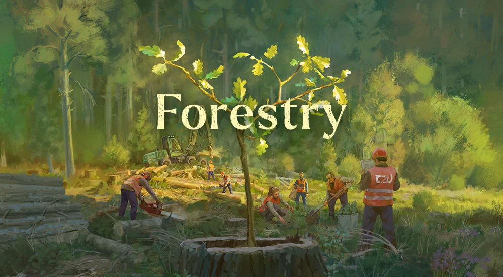 Illustration zum Thema Forstwirtschaft mit Arbeitern, Bäumen und Forstmaschinen im Hintergrund
